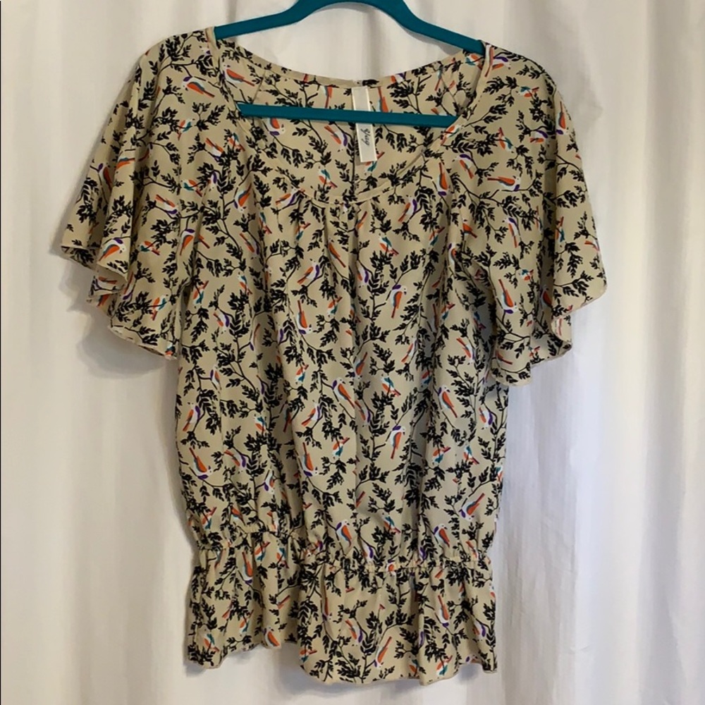 Tan and black blousy bird shirt